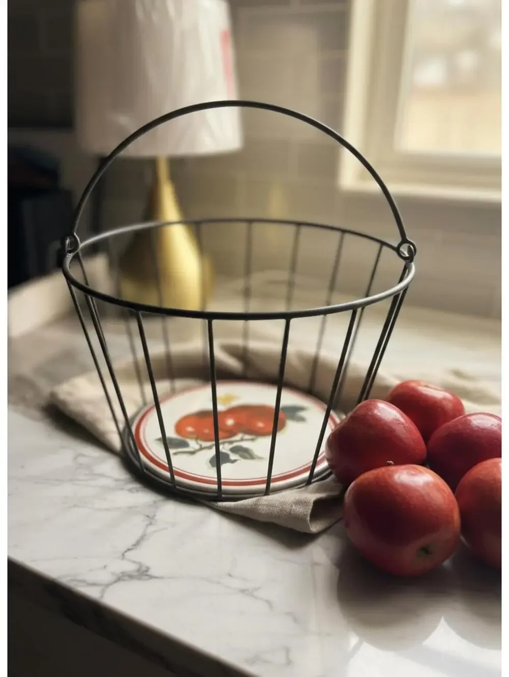 Vintage Hallmark Metal Apple Basket wCeramic Tile Bottom by Jan Karon,Fall Decor